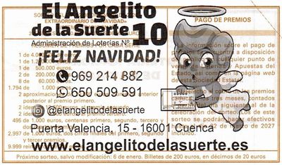 Reverso del d&eacute;cimo 07872 con el sello de la Administraci&oacute;n n&ordm; 10 &laquo;El Angelito de la Suerte&raquo;, en Cuenca